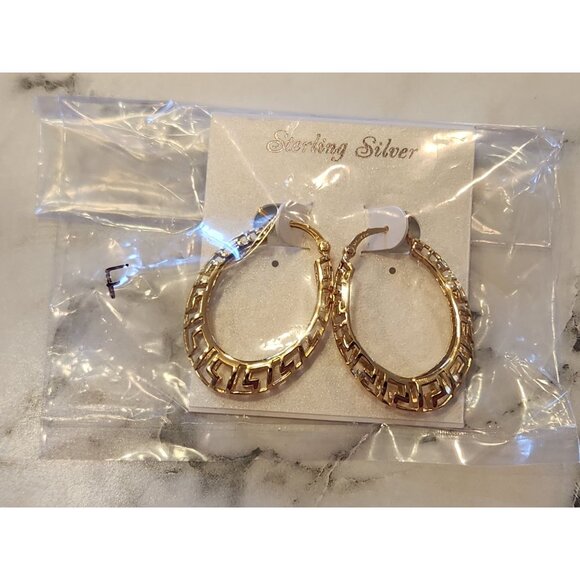 Sterling Silver Gold-Tone Greek Key Hoop Earrings - Picture 2 of 5